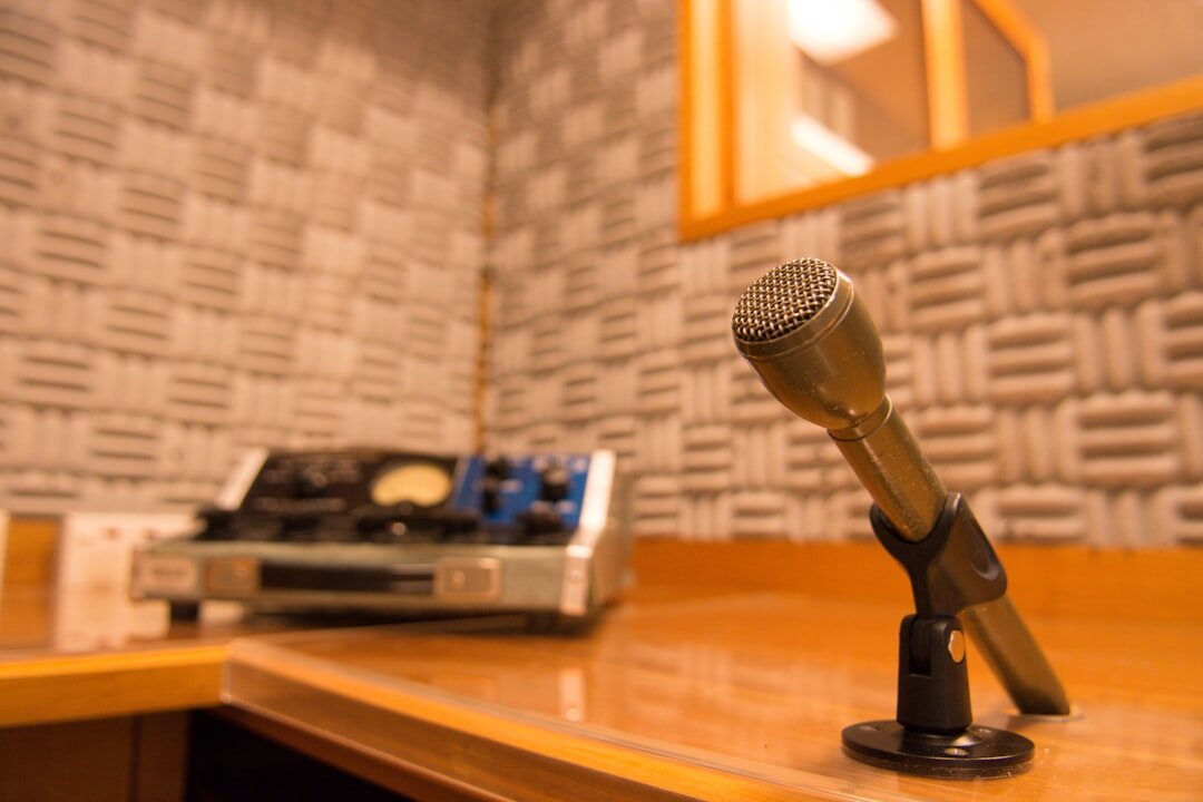 Vintage radio studio with microphone and mixing console